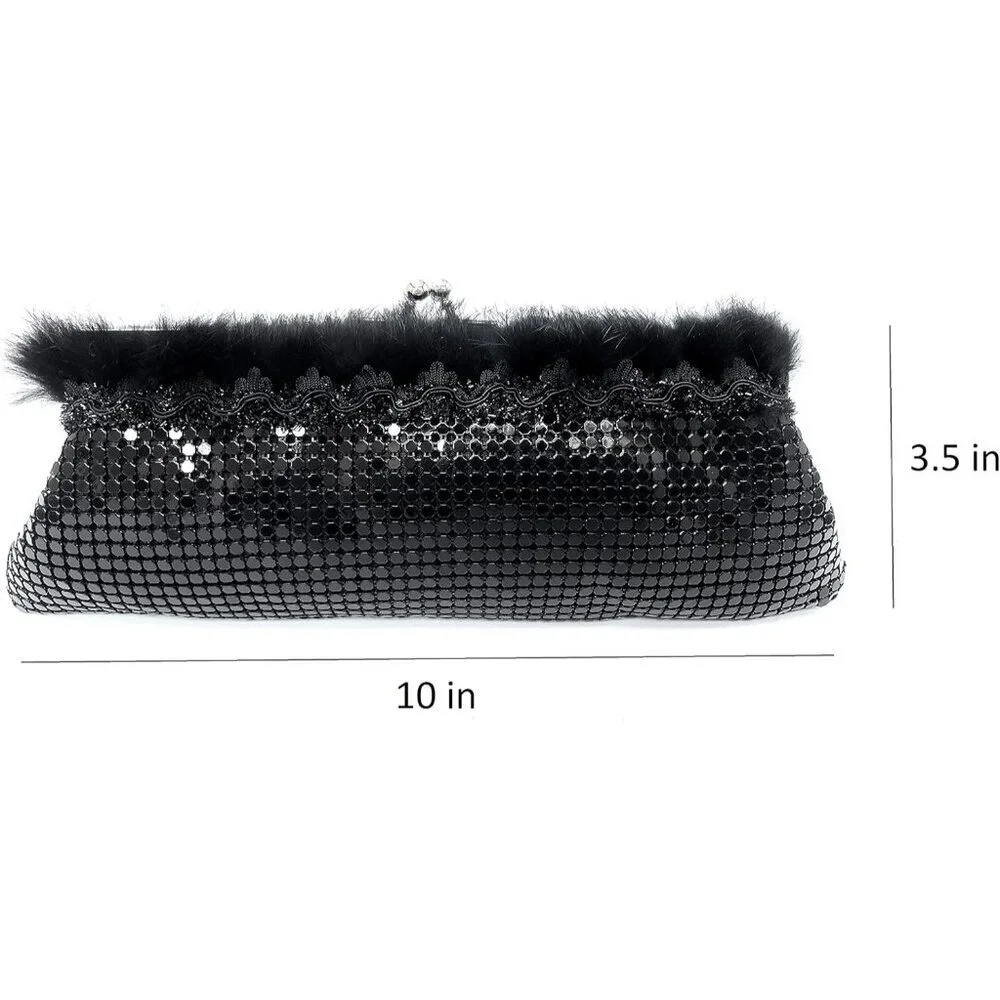 ⚡ Women's Black Fur Trim Floral Metal Kiss Lock Evening Clutch Bag